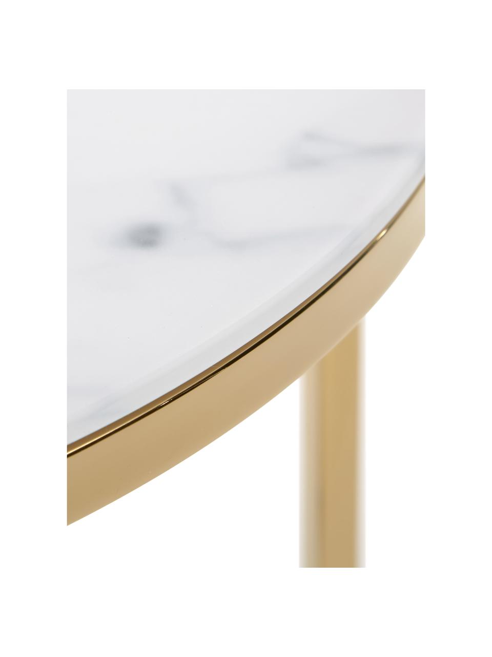 Beistelltisch Aruba mit marmorierter Glasplatte, Tischplatte: Glas, matt bedruckt, Gestell: Stahl, vermessingt, Marmor-Optik Weiss, Goldfarben, Ø 50 x H 42 cm