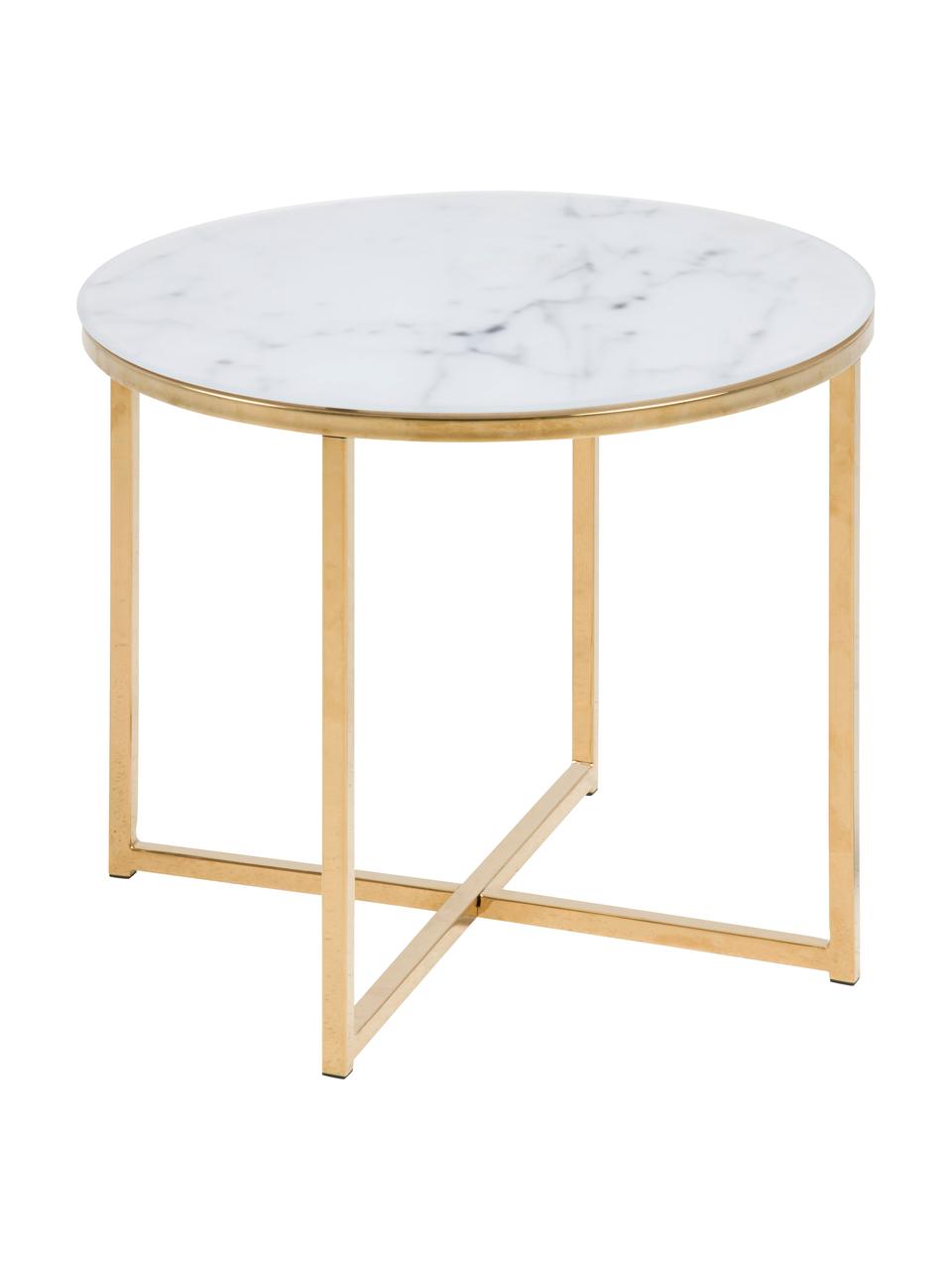 Table d'appoint en verre marbré Aruba, Blanc aspect marbre, couleur dorée, Ø 50 x haut. 42 cm