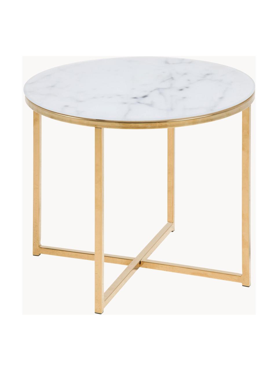 Table d'appoint en verre marbré Aruba, Blanc aspect marbre, couleur dorée, Ø 50 x haut. 42 cm