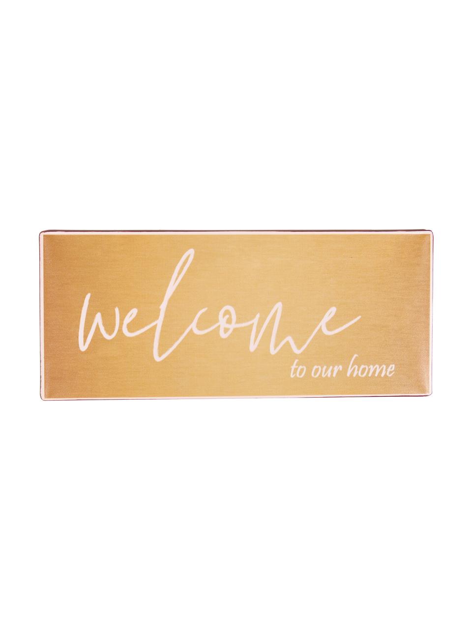 Wandbord Welcome to our home, Gecoat metaal, Oranje, wit, 31 x 13 cm