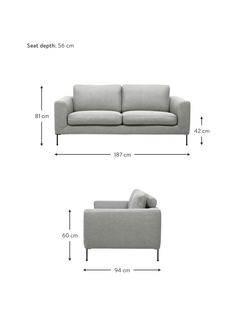 Sofa Cucita (2-Sitzer) in Hellgrau mit Metall-Füßen, Bezug: Webstoff (Polyester) Der , Gestell: Massives Kiefernholz, Füße: Metall, lackiert, Webstoff Hellgrau, B 187 x T 94 cm