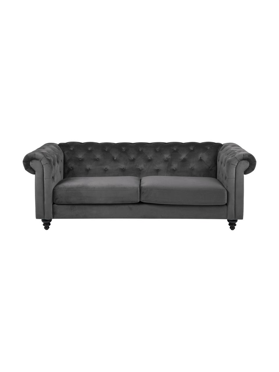 Sofa Chesterfield z aksamitu Charlietown (3-osobowa), Tapicerka: 100% poliester Dzięki tka, Nogi: drewno kauczukowe, powlek, Ciemny szary, czarny, S 219 x G 88 cm