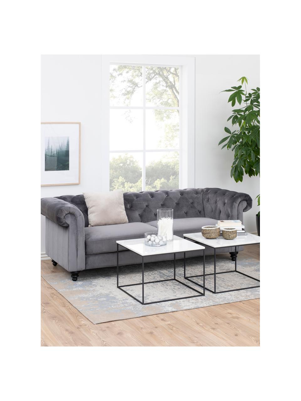 Chesterfield-Samt-Sofa Charlietown (3-Sitzer) in Dunkelgrau, Bezug: 100% Polyester (Samt) Der, Beine: Gummiholz, beschichtet, Dunkelgrau, Schwarz, B 219 x T 88 cm