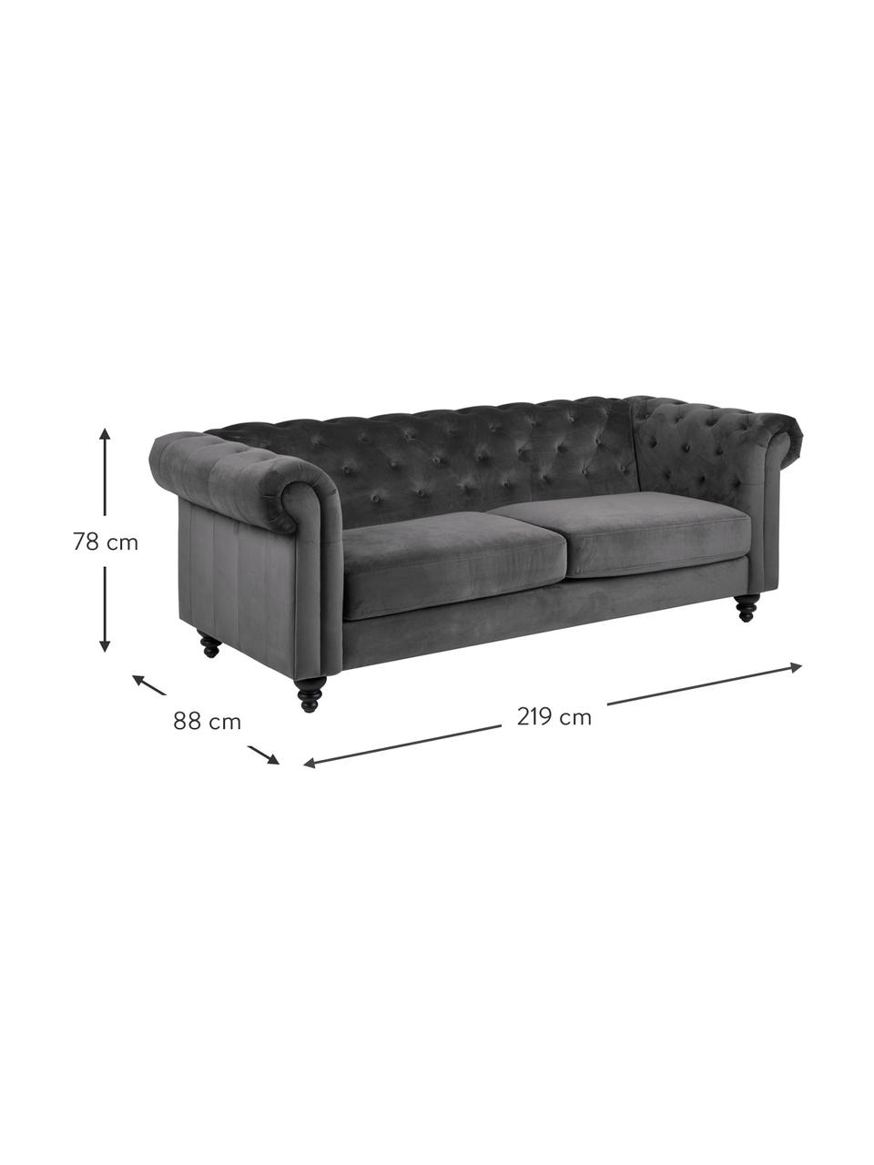 Sofa Chesterfield z aksamitu Charlietown (3-osobowa), Tapicerka: 100% poliester Dzięki tka, Nogi: drewno kauczukowe, powlek, Ciemny szary, czarny, S 219 x G 88 cm