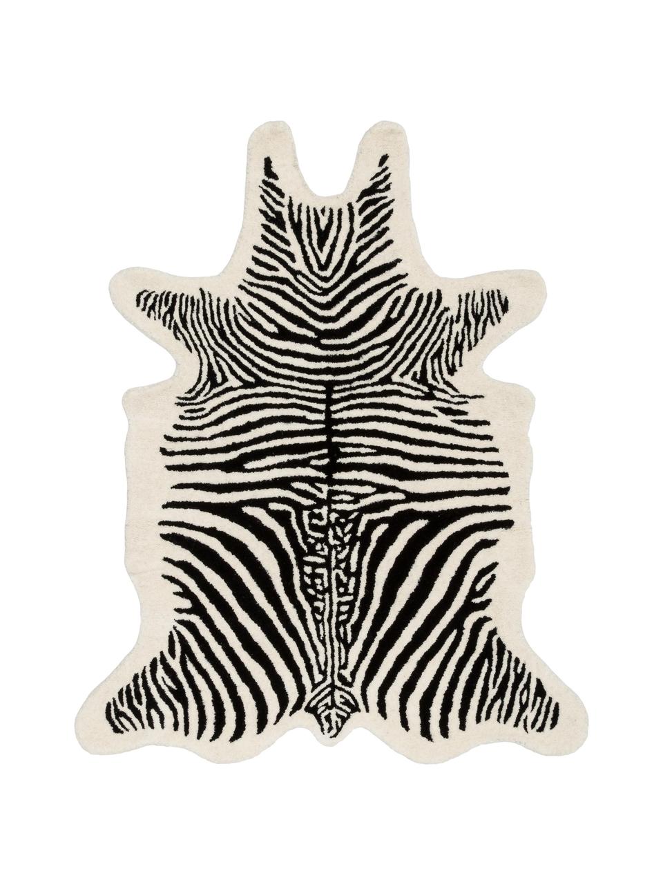 Handgetuft wollen vloerkleed Savanna Zebra, Bovenzijde: 100% wol, Onderzijde: 100% katoen Bij wollen vl, Zwart & crèmekleurig, gestreept, B 160 x L 200 cm (maat M)