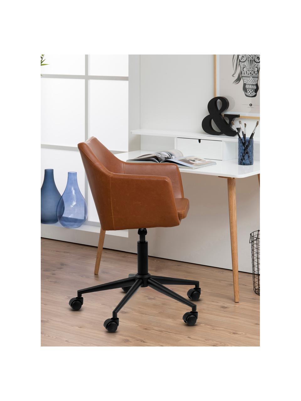 Krzesło biurowe ze sztucznej skóry Nora, obrotowe, Tapicerka: sztuczna skóra (poliureta, Nogi: metal malowany proszkowo, Jasnobrązowa sztuczna skóra, S 58 x G 58 cm