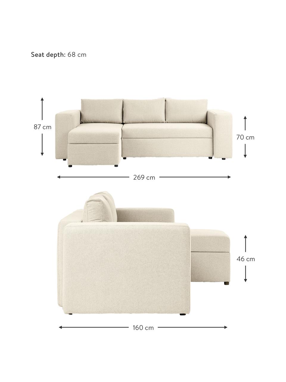 Canapé convertible avec rangement Noah, Tissu beige, larg. 269 x prof. 160 cm, méridienne à droite