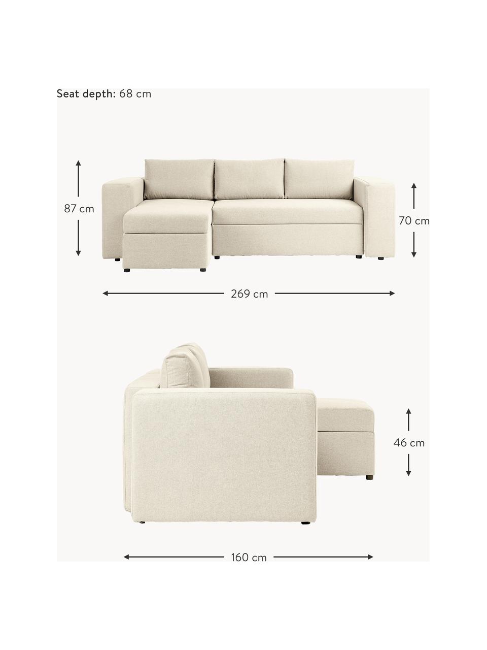 Sofa rozkładana z miejscem do przechowywania Noah (3-osobowa), Tapicerka: poliester Dzięki tkaninie, Nogi: tworzywo sztuczne, Beżowa tkanina, S 269 x G 160 cm, lewostronna