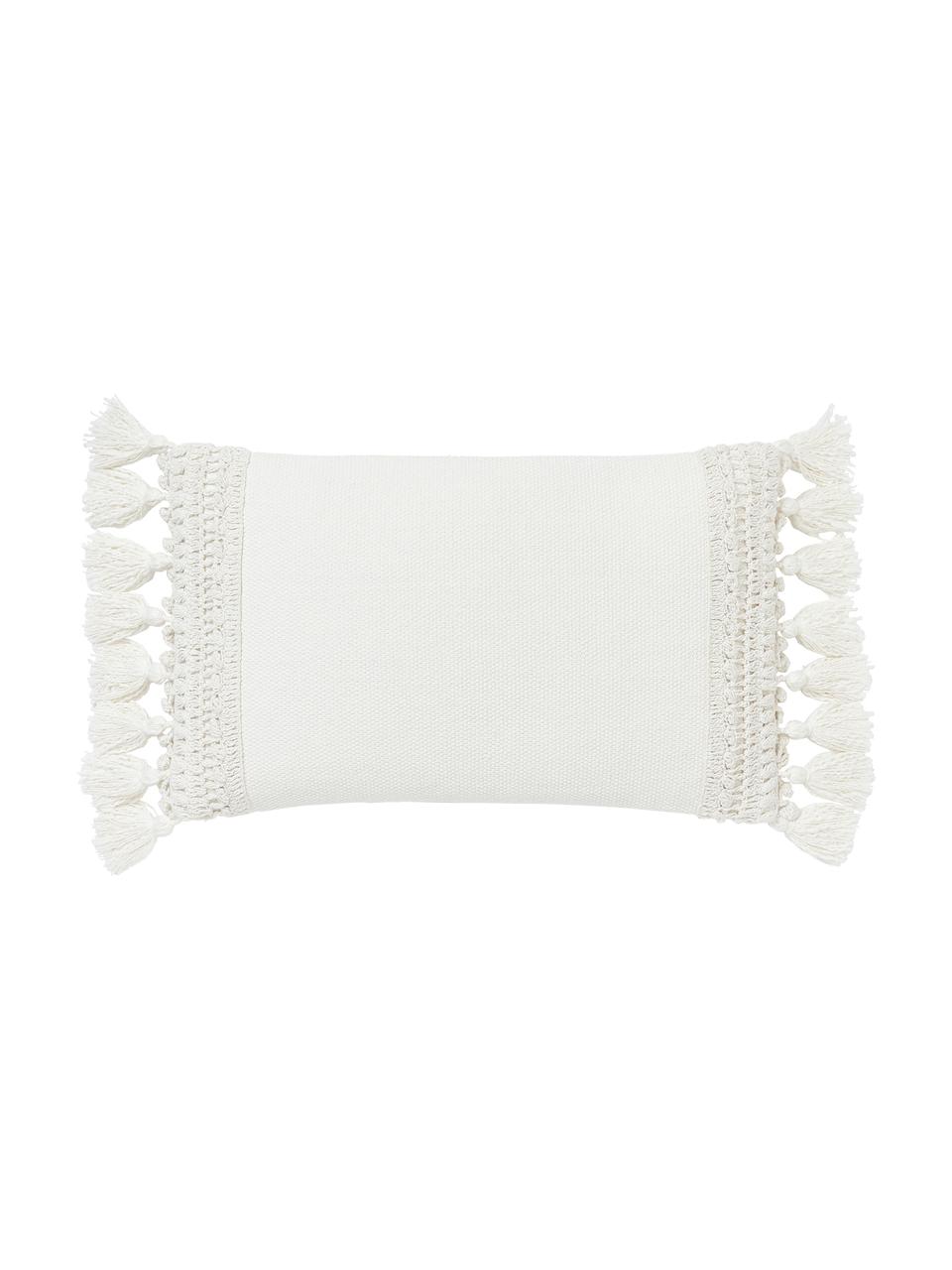 Housse de coussin en coton à pompons Adrian, Blanc crème, larg. 30 x long. 50 cm