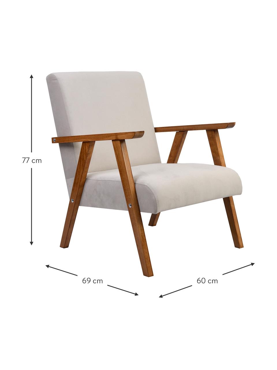 Fotel z aksamitu Victoria, Tapicerka: aksamit (100% poliester), Stelaż: drewno naturalne, Beżowy aksamit, drewno naturalne lakierowane, S 60 x G 69 cm