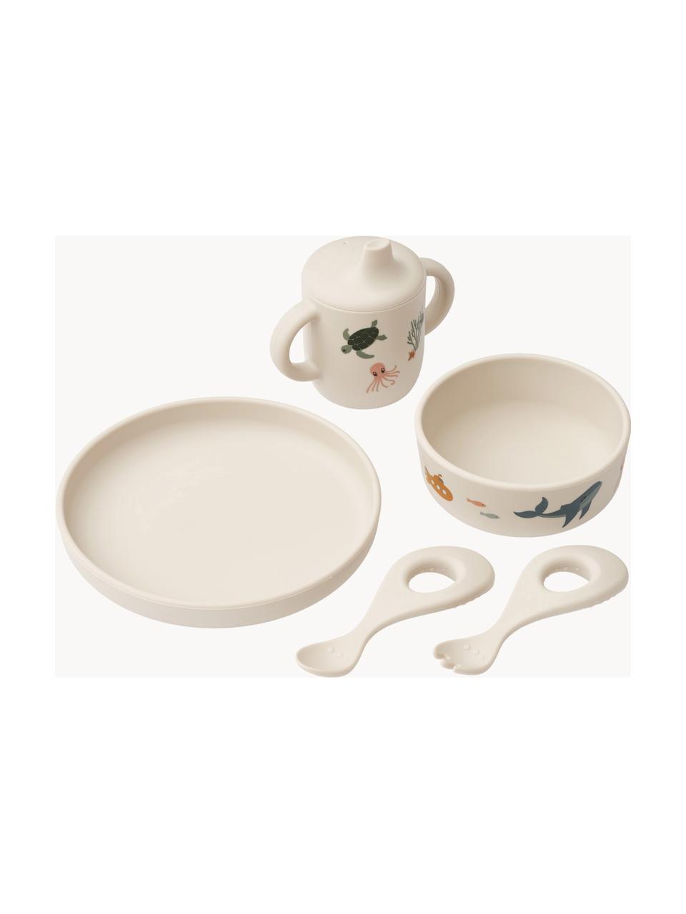 Set di 5 stoviglie per bambini Ryle, Silicone, Bianco crema, multicolore, Set in varie misure