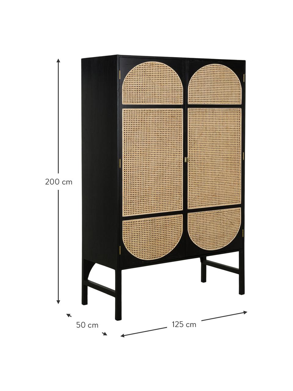 Kleiderschrank Retro mit Wiener Geflecht, 2-türig, Griffe: Metall, beschichtet, Wiener Geflecht: Zuckerrohr, Dunkelbraun, 125 x 200 cm