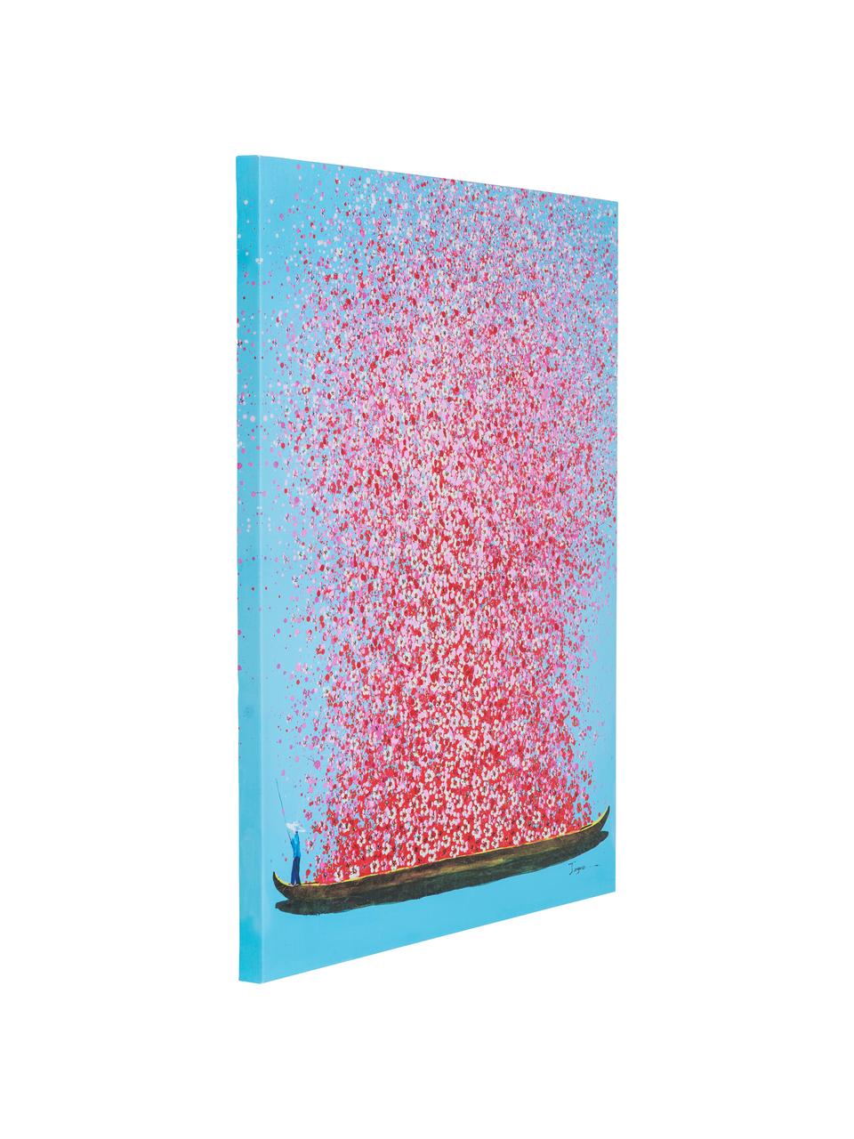 Beschilderd canvas print Flower Boat, Afbeelding: digitale print met acryl , Lijst: massief natuurlijk dennen, Blauw, roze, B 80 x H 100 cm