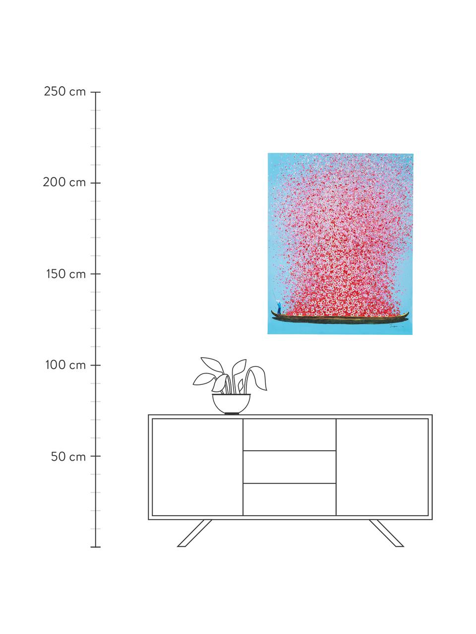 Bemalter Leinwanddruck Flower Boat, Bild: Digitaldruck mit Acrylfar, Blau, Pink, B 80 x H 100 cm