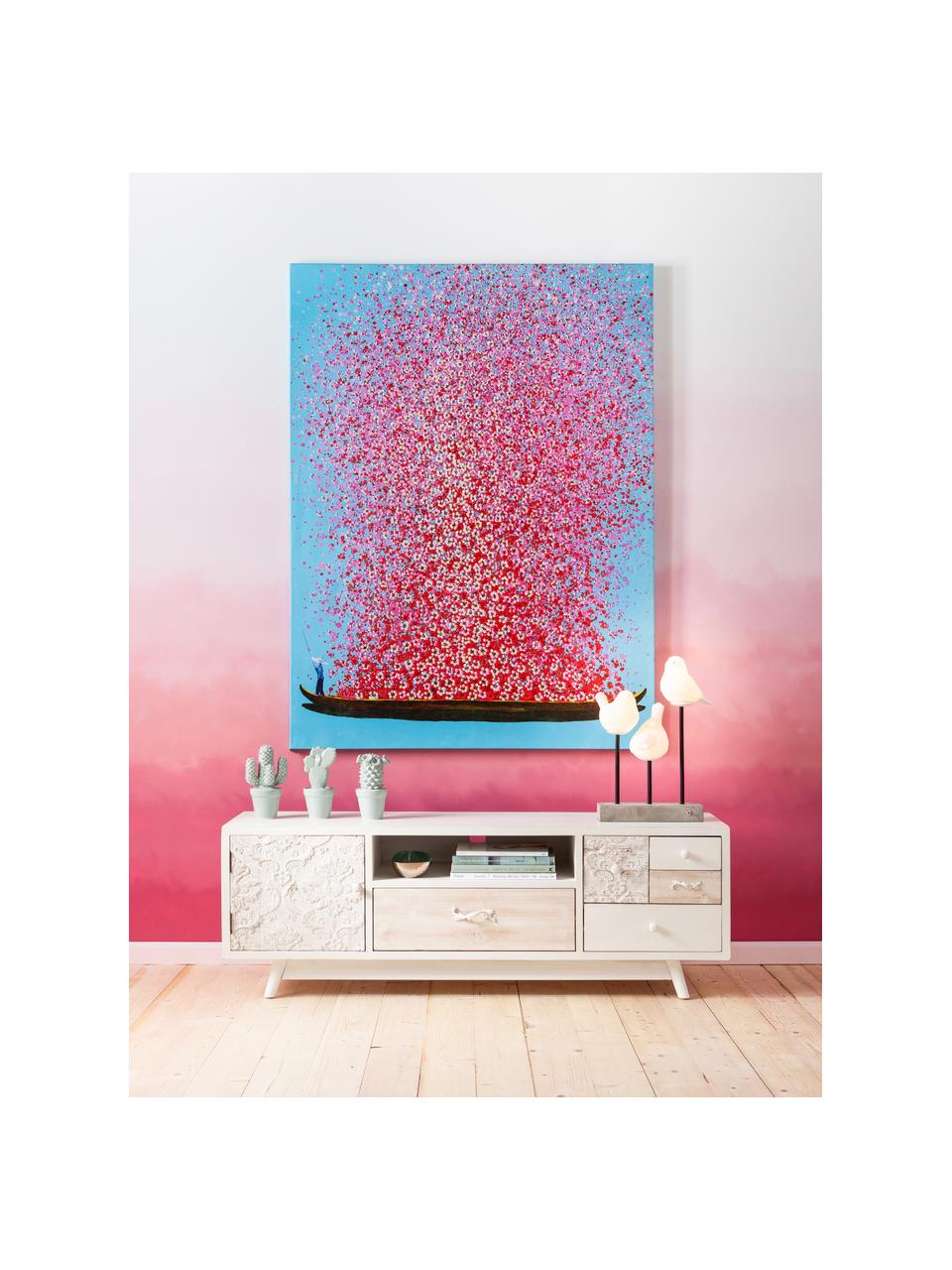 Bemalter Leinwanddruck Flower Boat, Bild: Digitaldruck mit Acrylfar, Blau, Rosa, B 80 x H 100 cm