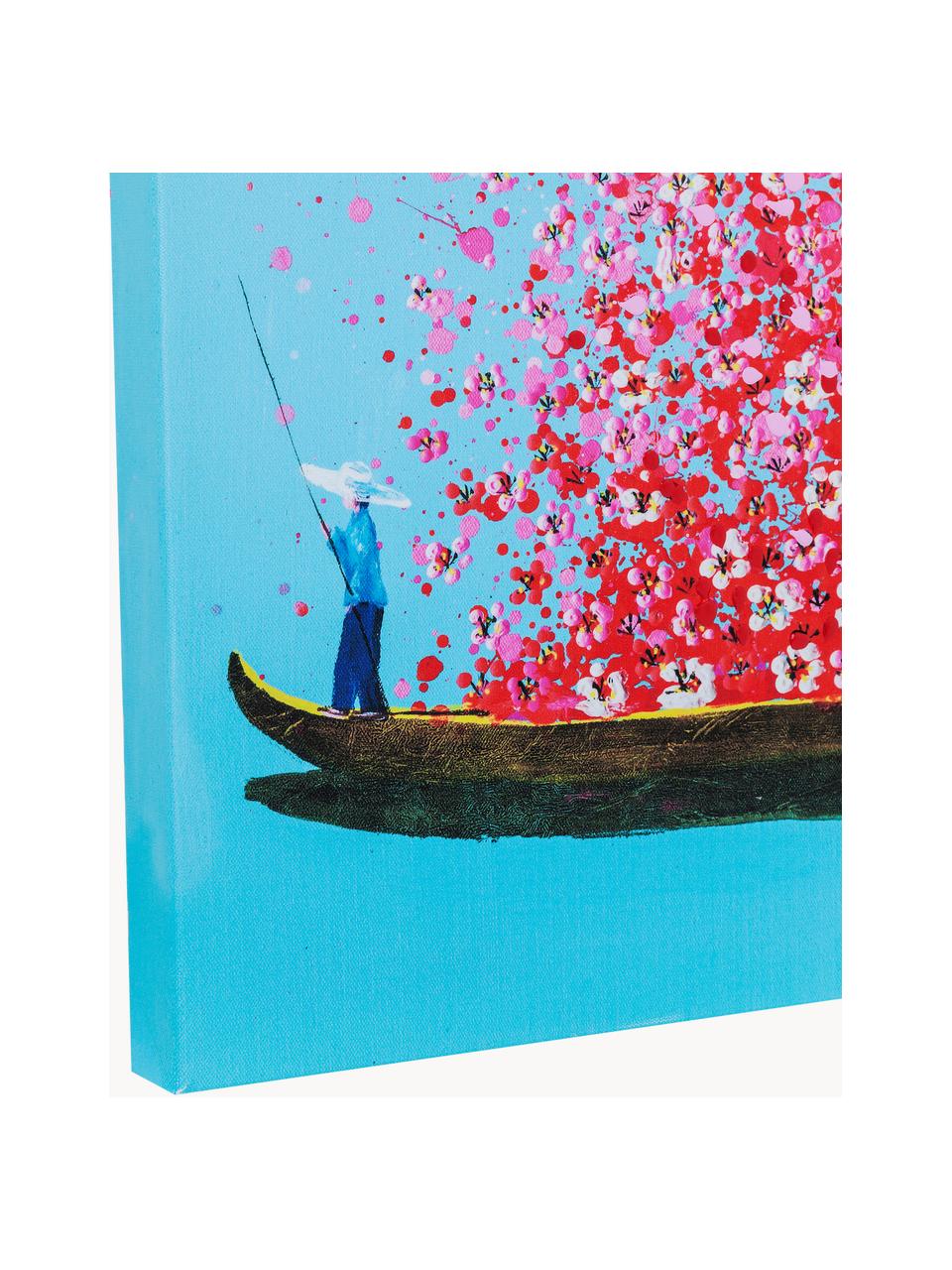Impression sur toile peinte à la main Flower Boat, Bleu, rose, larg. 80 x haut. 100 cm