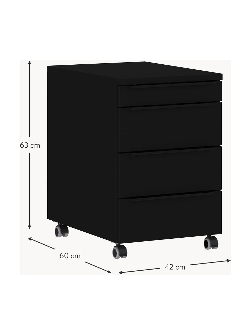 Schreibtisch Container Mastif mit Rollen, Griffe: Metall, beschichtet, Rollen: Kunststoff, Schwarz, B 42 x H 63 cm