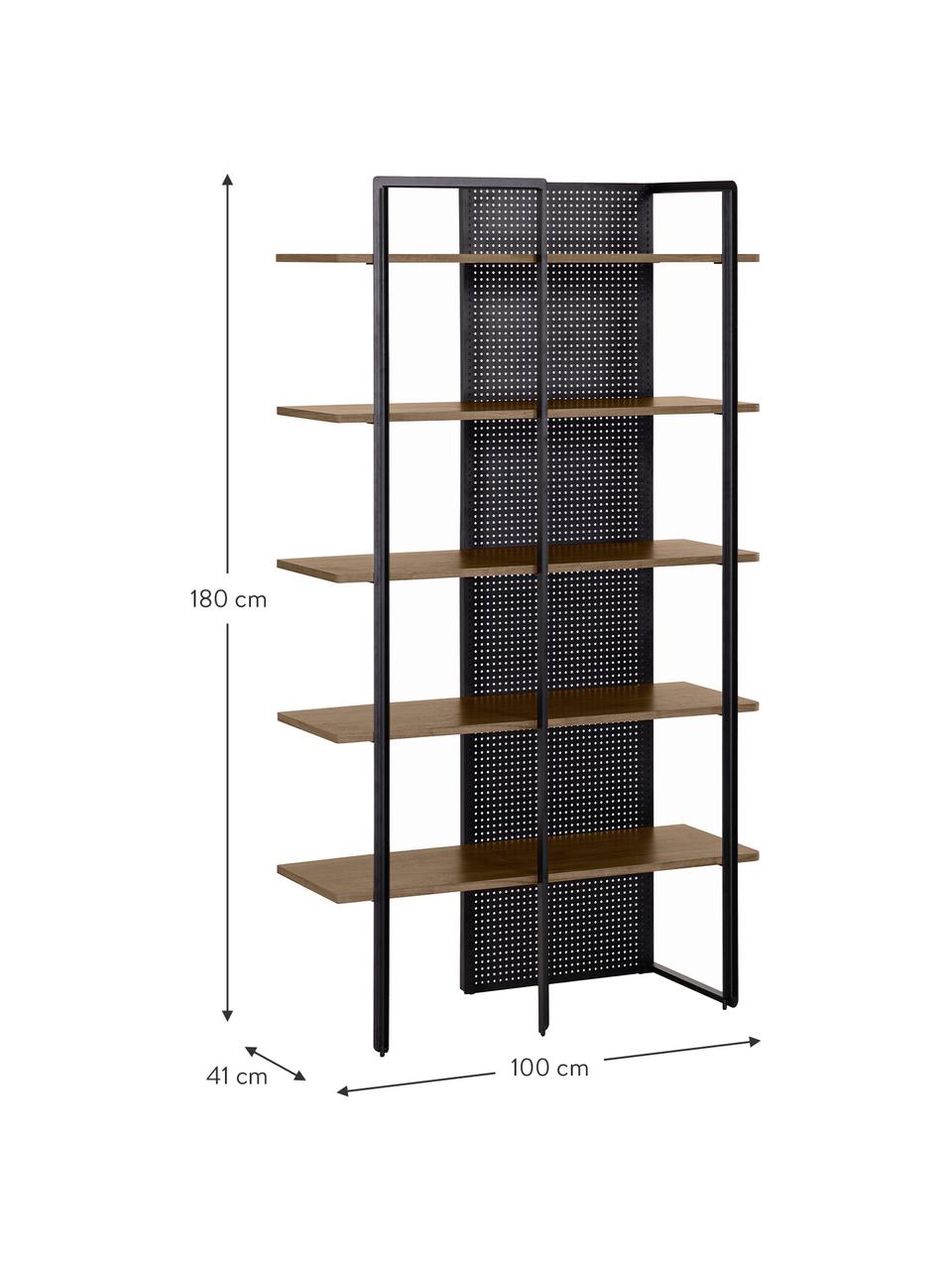 Industriële wandkast Nadyria van hout en metaal, Frame: gelakt metaal, Plank: MDF met walnoothoutfineer, Zwart, lichtbruin, 100 x 180 cm