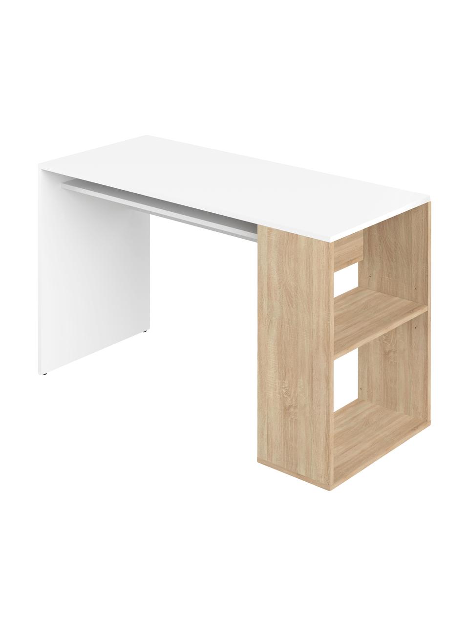 Bureau avec rangements Yale, Panneau de particules, couche de mélamine, Blanc, bois de chêne, larg. 114 x haut. 76 cm