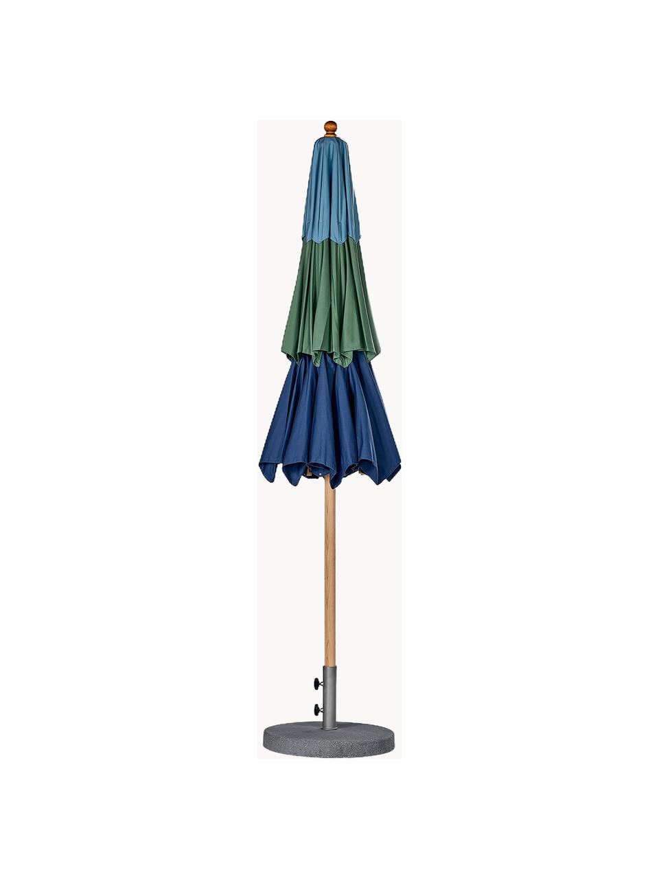 Sombrilla redonda artesanal con sistema de poleas Klassiker, Tonos azules, verde oscuro, madera clara, Ø 300 x Al 273 cm