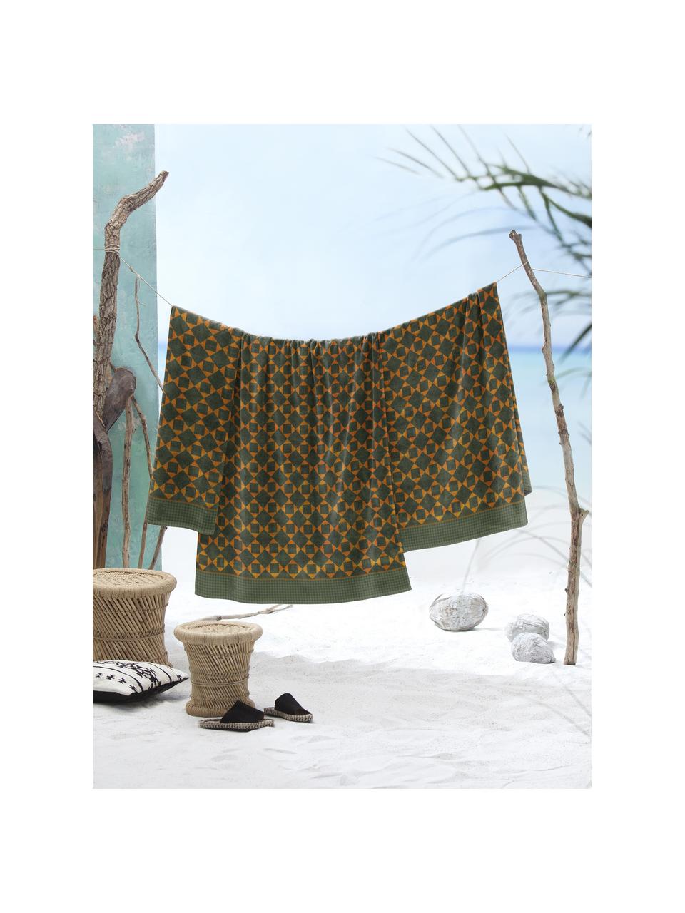 Serviette de plage à motif graphique Havana, Vert foncé, jaune moutarde, larg. 100 x long. 180 cm