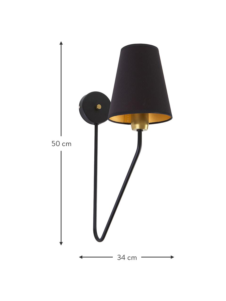 Grote wandlamp Victoria in zwart-goudkleur, Lampenkap: katoenmix, Decoratie: gecoat metaal, Zwart, goudkleurig, D 34 x H 50 cm