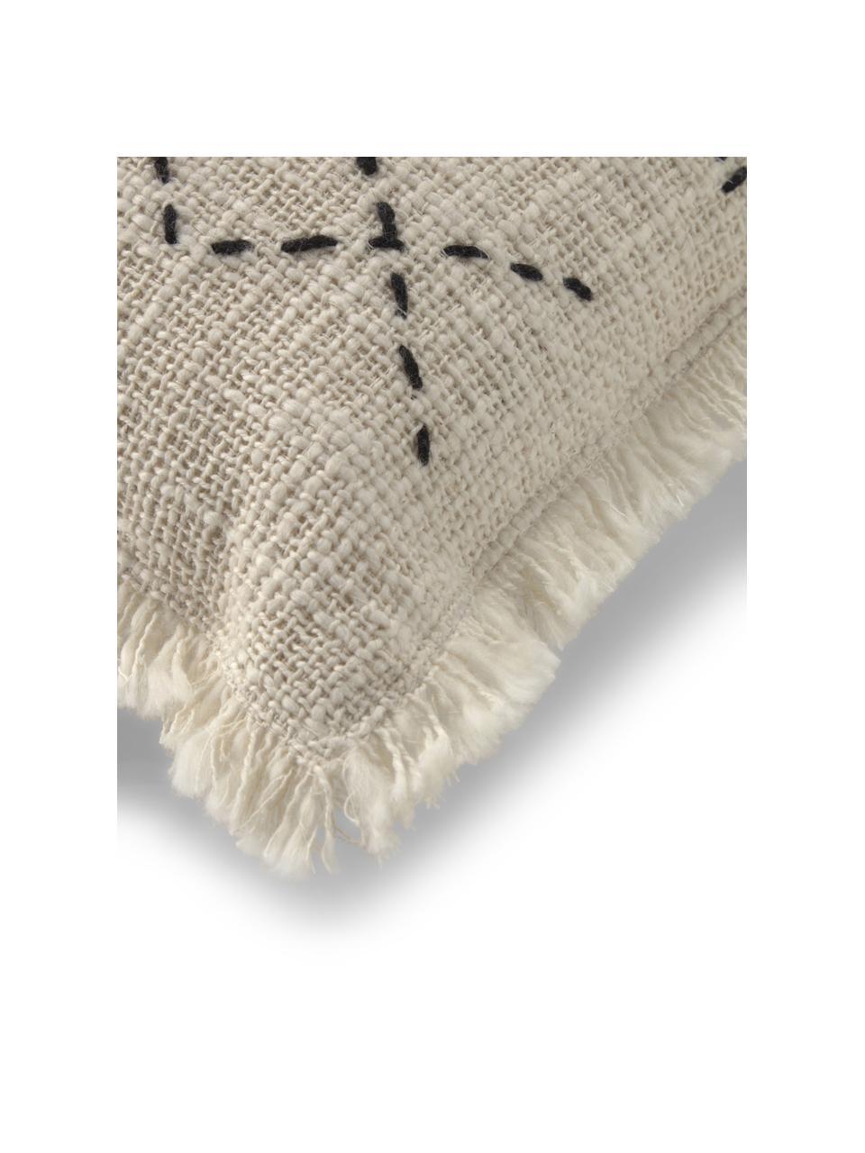 Bestickte Boho-Kissenhülle Seila mit Fransenabschluss, 100% Baumwolle, Beige, 45 x 45 cm