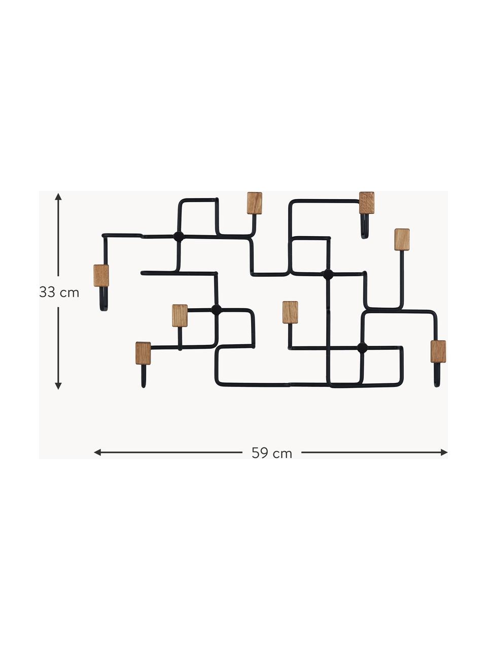 Wandgarderobe Underground, Haken: Eichenholz, Gestell: Stahl, beschichtet, Eichenholz, Schwarz, B 59 x H 33 cm