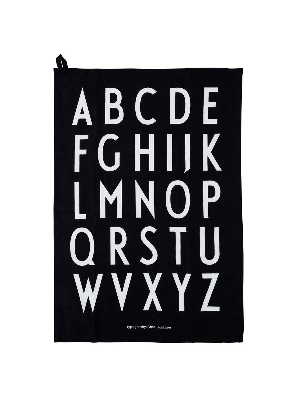 Katoenen theedoeken Classic in zwart met design letters, 2 stuks, Katoen, Zwart, wit, B 40 x L 60 cm