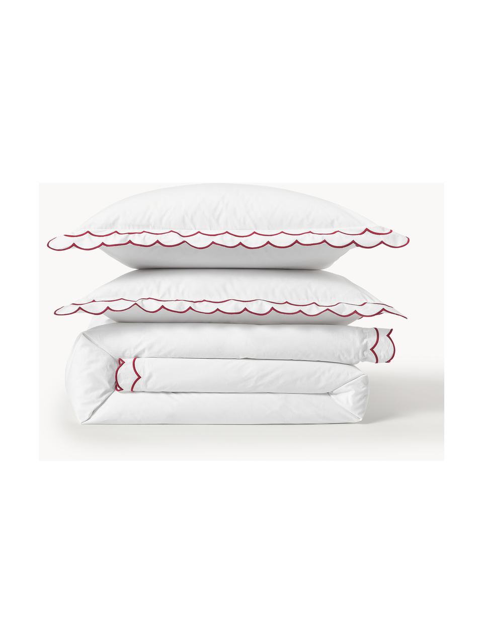 Housse de couette en percale de coton avec ourlet ondulé Atina, Blanc, rouge, larg. 200 x long. 200 cm