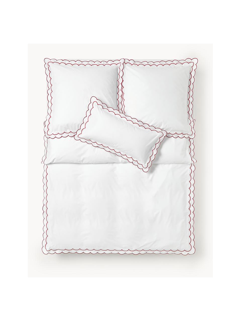 Housse de couette en percale de coton avec ourlet ondulé Atina, Blanc, rouge, larg. 200 x long. 200 cm