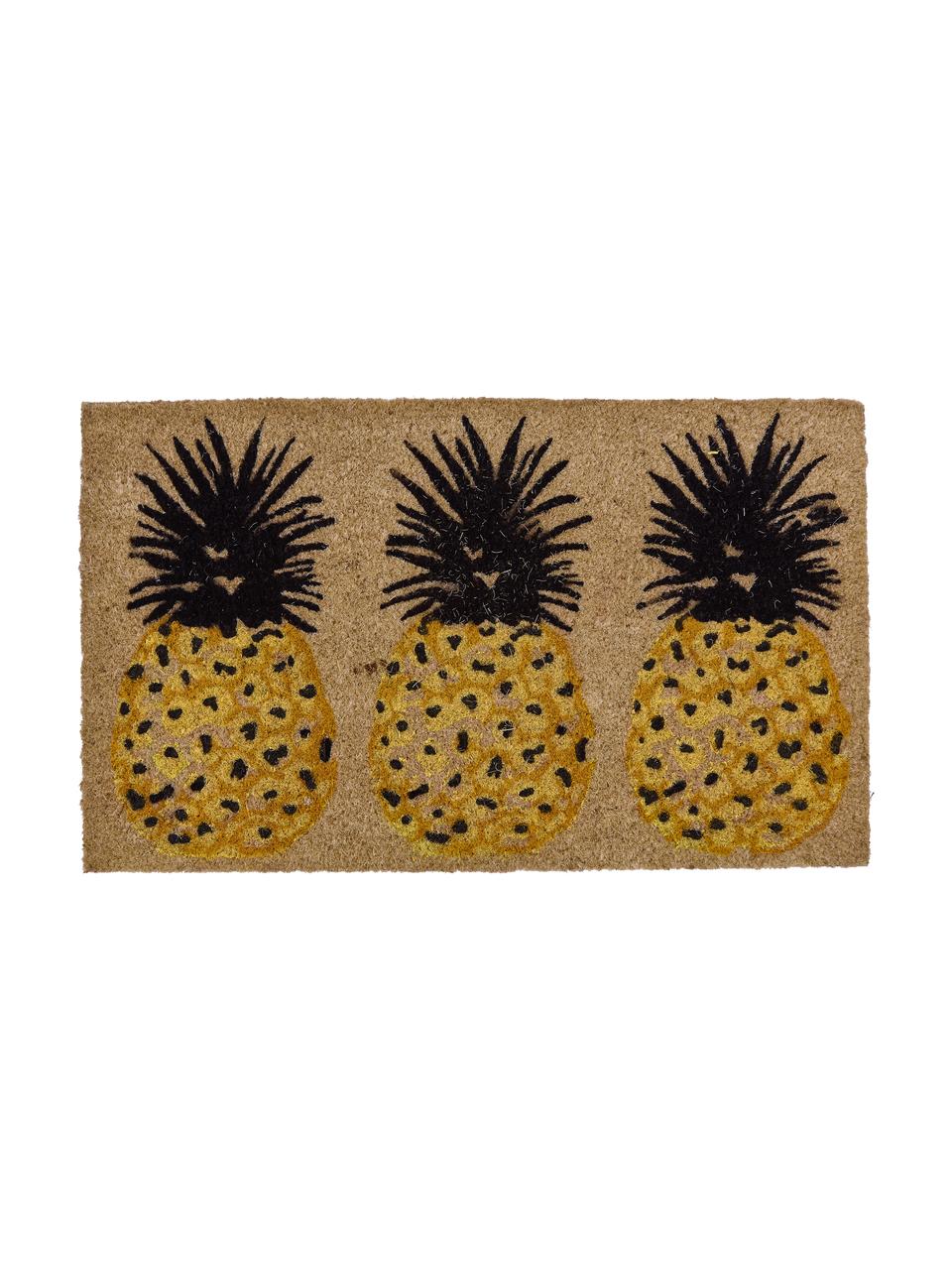 Felpudo Three Pineapples, Parte superior: fibras de coco, Parte trasera: PVC, Beige, amarillo, negro, An 45 x L 75 cm