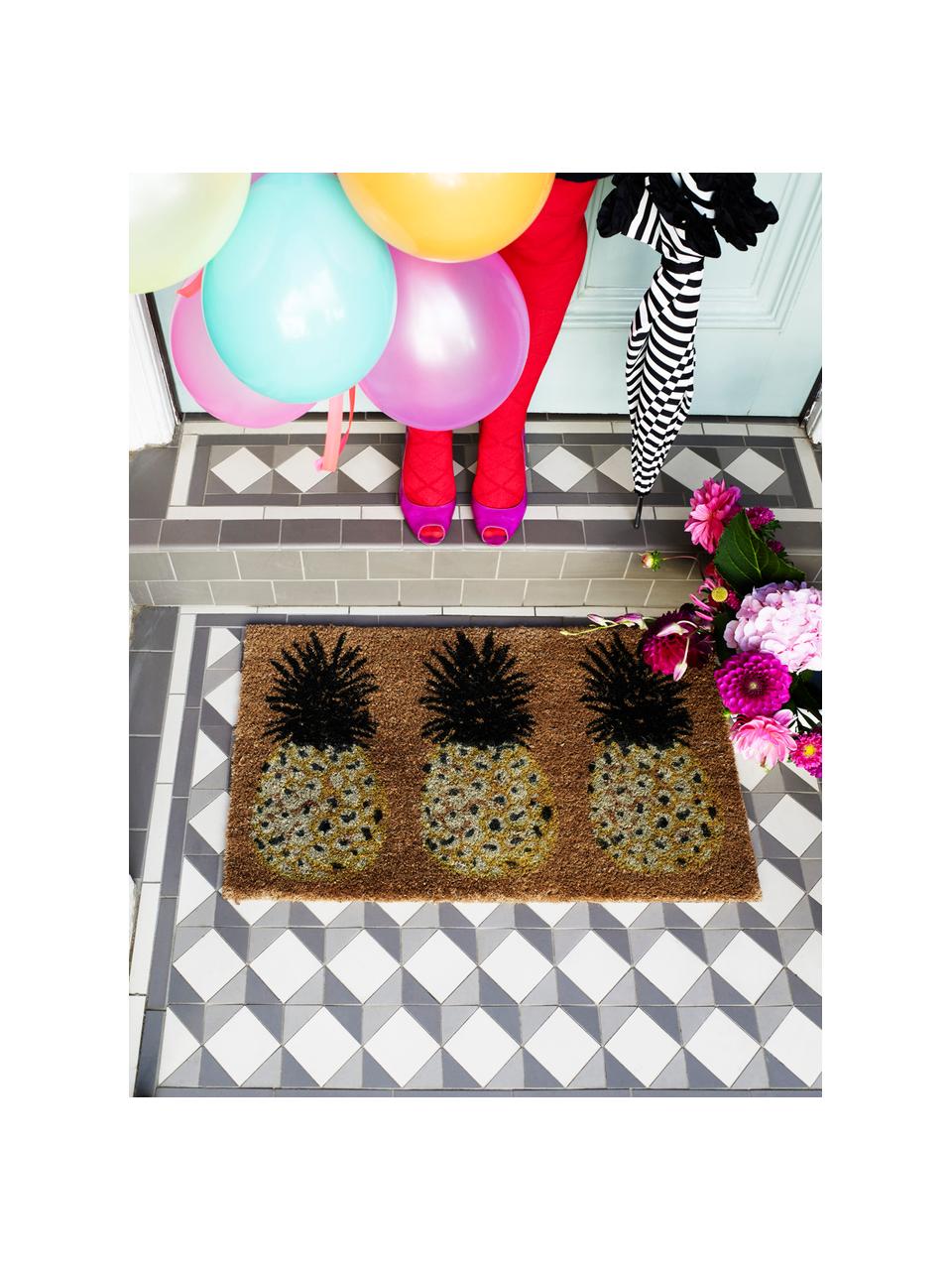 Fußmatte Three Pineapples, Oberseite: Kokosfaser, Unterseite: PVC, Beige, Gelb, Schwarz, 45 x 75 cm