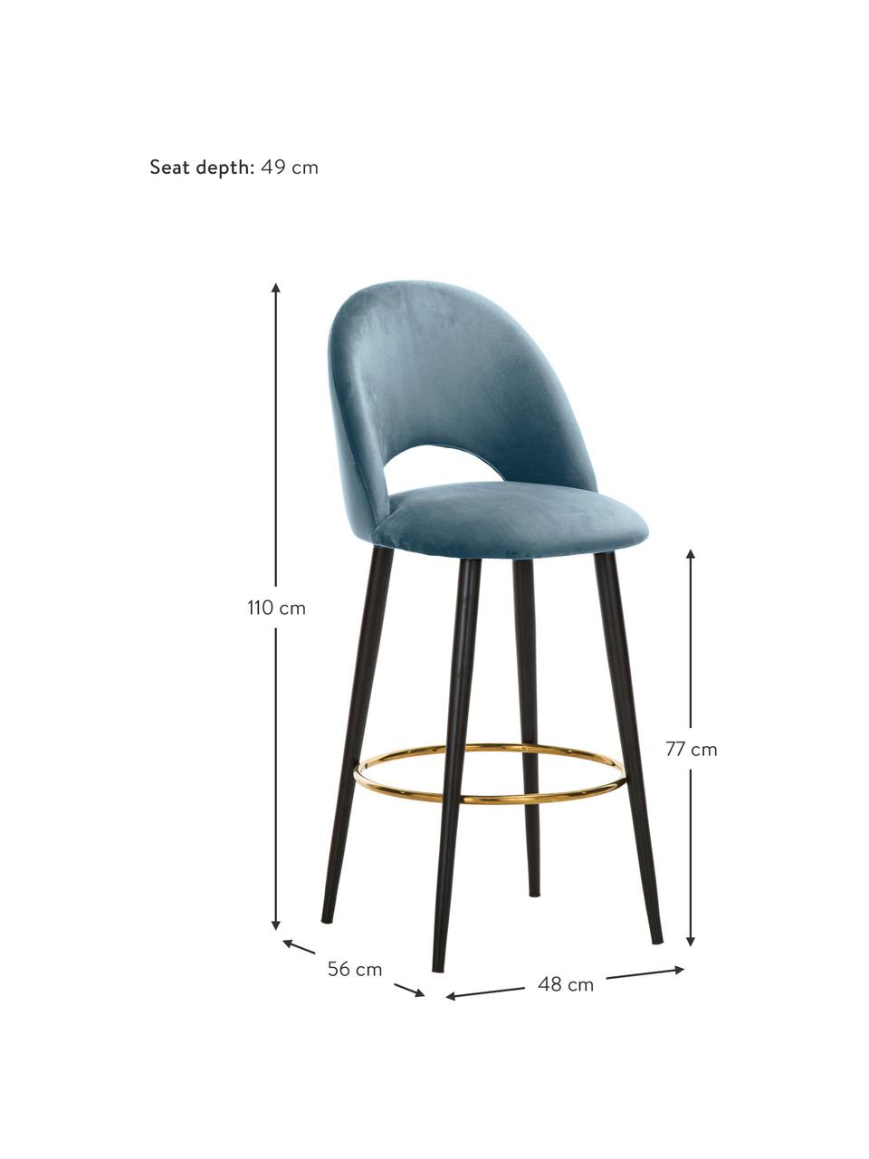 Chaise de bar velours Rachel, Velours bleu ciel, larg. 48 x haut. 110 cm