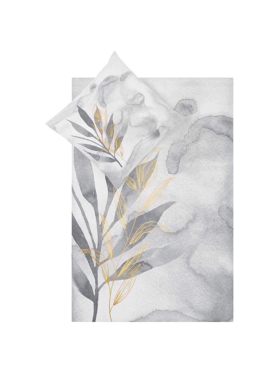 Oboustranné povlečení z bavlny renforcé s akvarelovým potiskem Lovely Leaves, Bílá, šedá