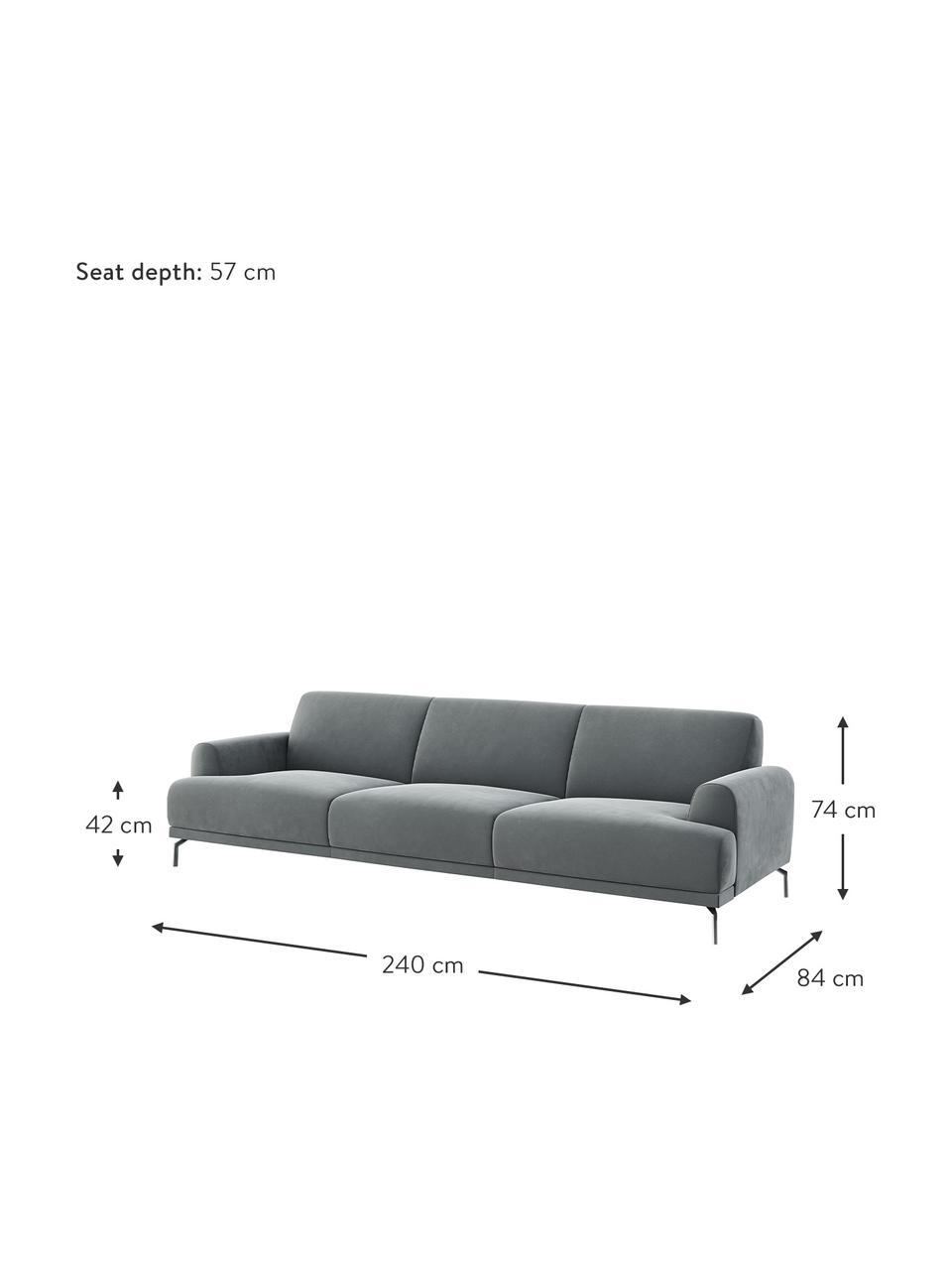 Divano 3 posti in velluto grigio acciaio Puzo, Rivestimento: 100% velluto di poliester, Struttura: compensato, legno di fagg, Velluto grigio acciaio, Larg. 240 x Prof. 84 cm