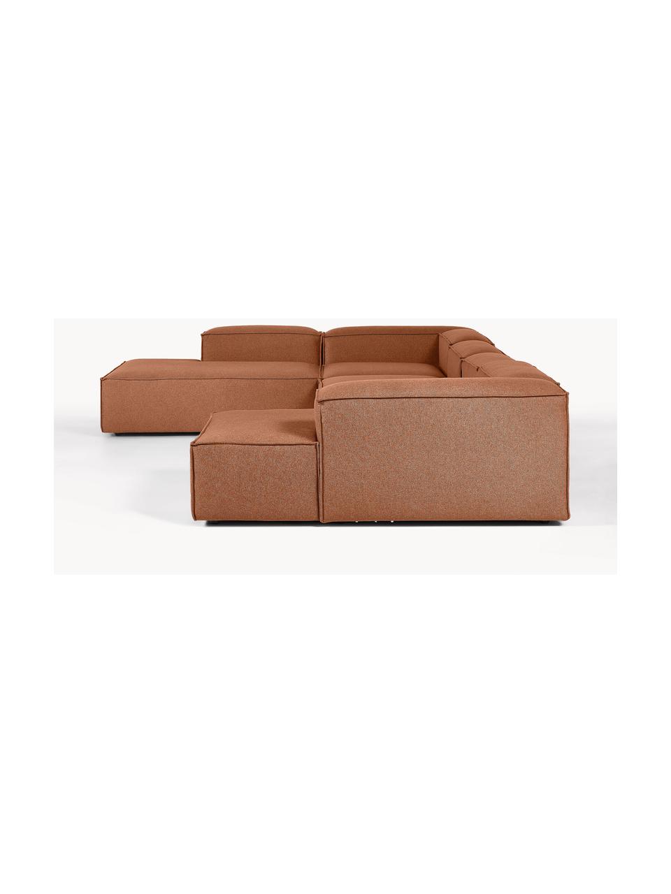 Divano angolare componibile Lennon, Rivestimento: 100% poliestere Con 115.0, Struttura: legno di pino massiccio, , Piedini: plastica, Tessuto color torrone, Larg. 418 x Prof. 269 cm, chaise longue a sinistra