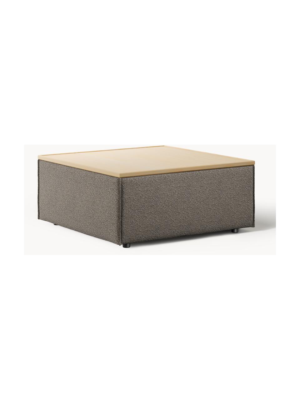 Sofa-Hocker Lennon aus Bouclé mit Stauraum, Bezug: Bouclé (80 % Polyester, 2, Tablett: Eichenholz, Spannplatte m, Gestell: Spanplatte, mitteldichte , Bouclé Greige, helles Eichenholz, B 88 x T 88 cm