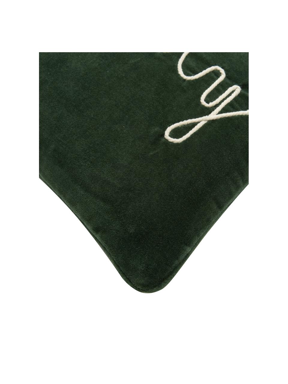 Copricuscino ricamata in velluto con bordino Holly Jolly, Velluto (100% cotone), Verde scuro, Larg. 30 x Lung. 50 cm