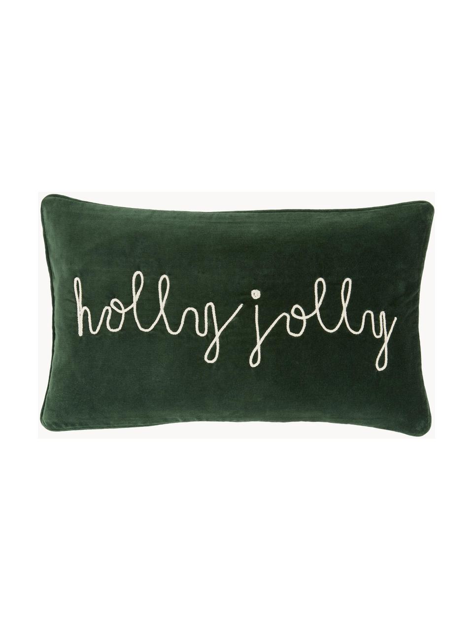 Funda de cojín de terciopelo bordada Holly Jolly, Terciopelo (100% algodón), Verde oscuro, An 30 x L 50 cm