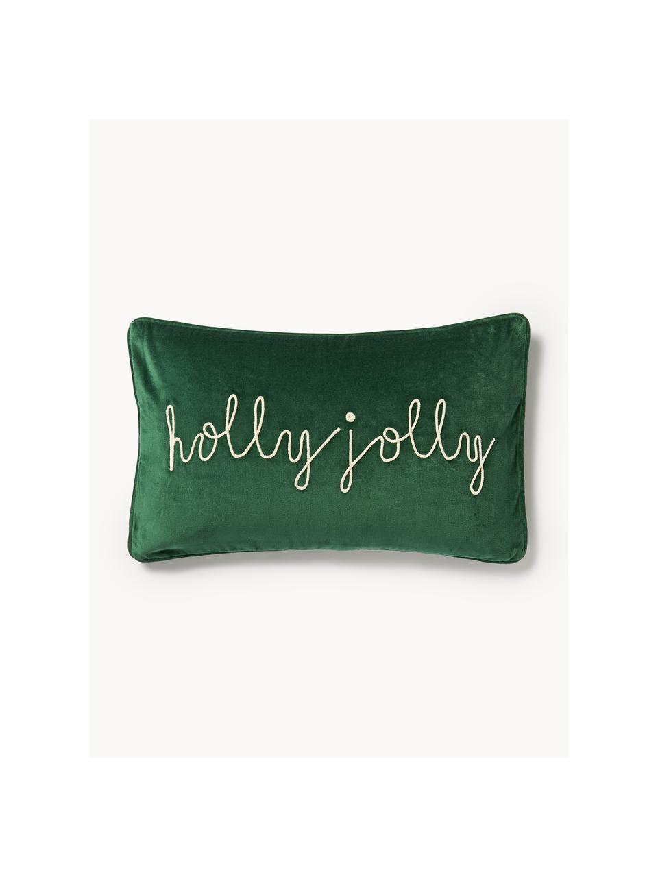 Funda de cojín de terciopelo bordada Holly Jolly, Terciopelo (100% algodón), Verde oscuro, An 30 x L 50 cm