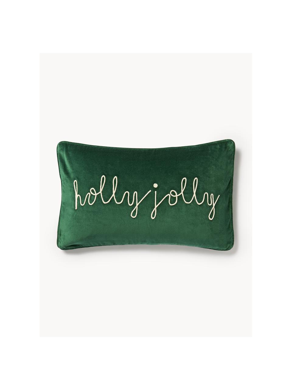 Poszewka na poduszkę z aksamitu z haftem i lamówką Holly Jolly, Aksamit (100% bawełna), Ciemny zielony, S 30 x D 50 cm