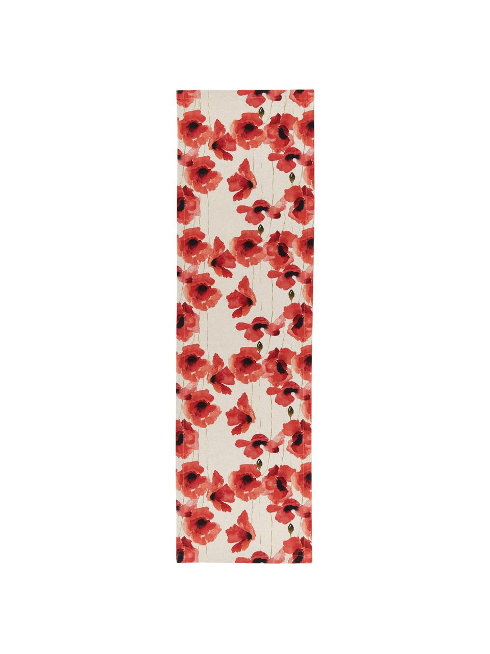 Chemin de table imprimé coquelicots Popy, 85 % coton, 15 % lin, Beige, rouge, noir, imprimé, larg. 40 x long. 145 cm