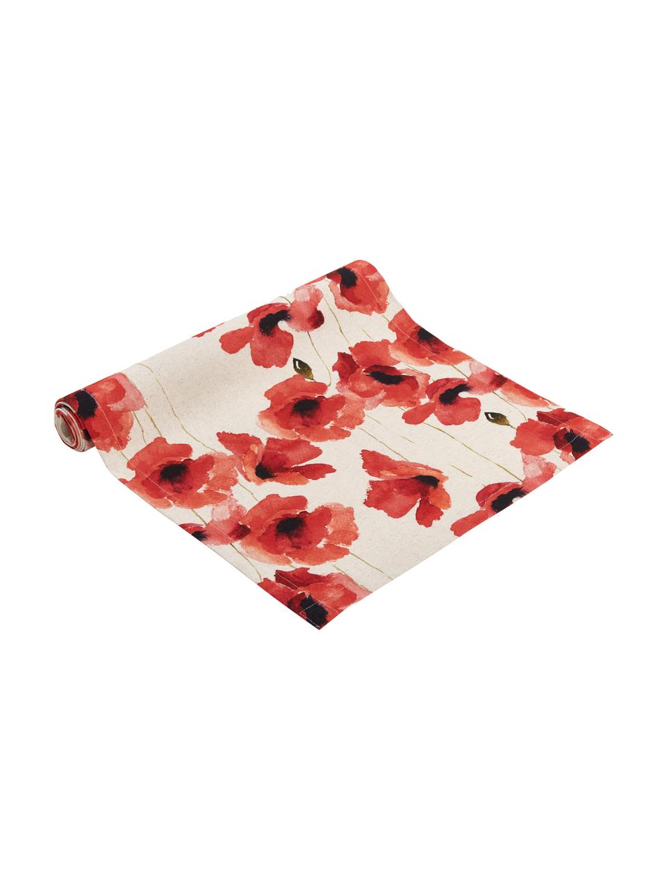 Camino de mesa Popy, 85% algodón, 15% lino, Beige, rojo, negro, estampado, An 40 x L 145 cm