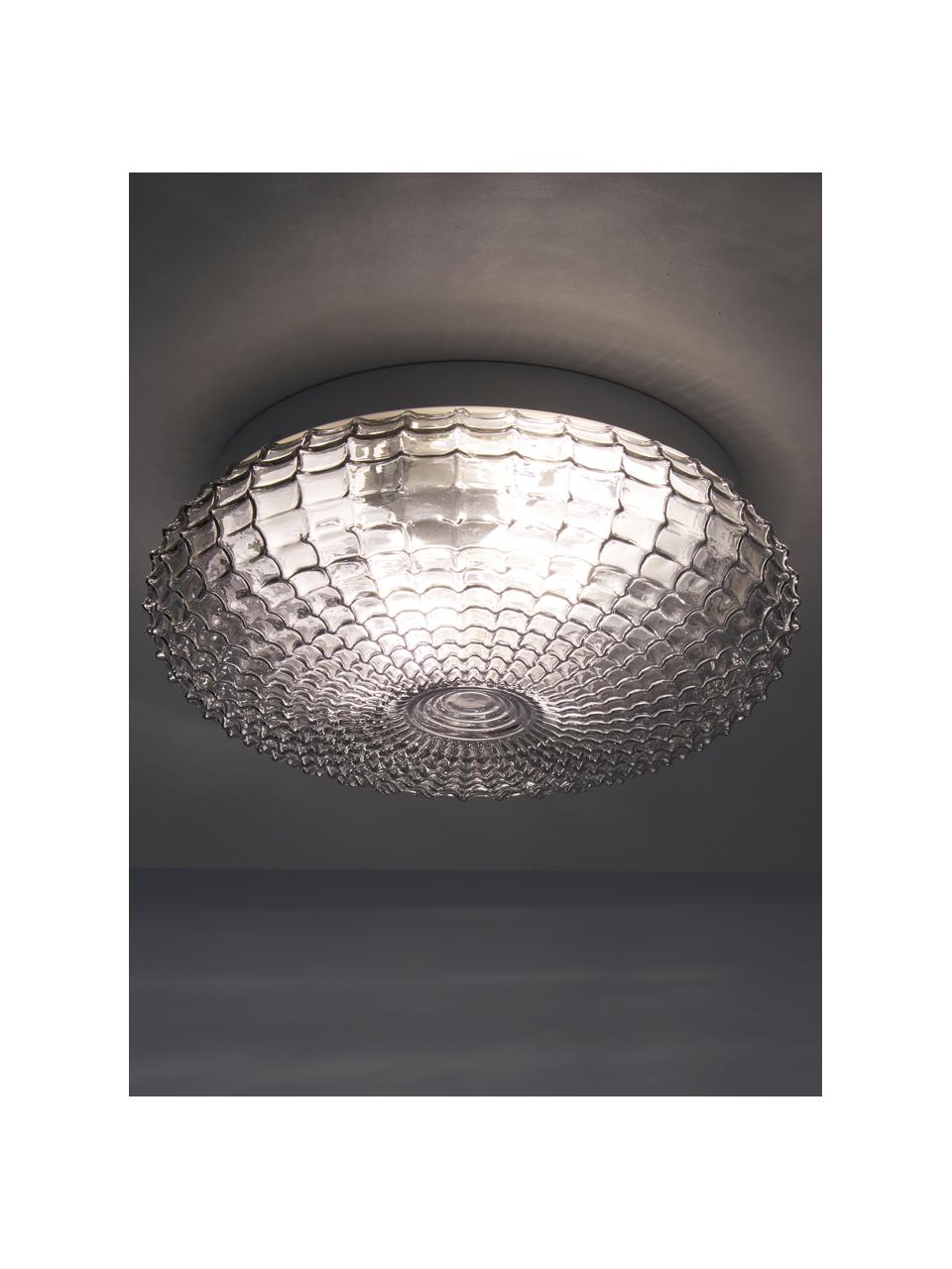 Kleine plafondlamp Clam van glas, Lampenkap: glas, Baldakijn: gecoat staal, Chroomkleurig, wit, Ø 30 x H 12 cm