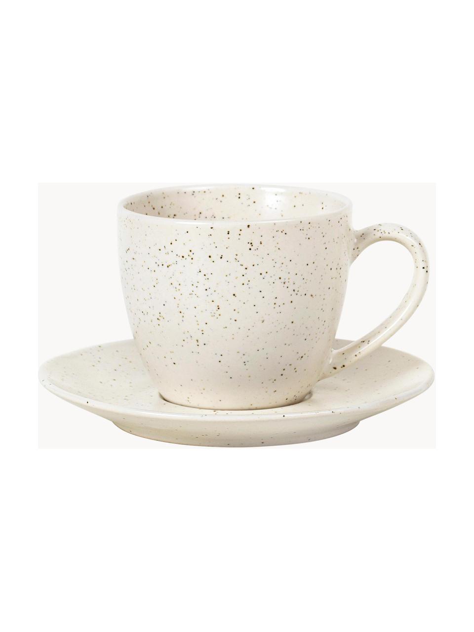 Handgemachte kleine Teetasse Nordic Vanilla mit Untertasse, Steingut, Off White, gesprenkelt, Ø 8 x H 7 cm, 150 ml