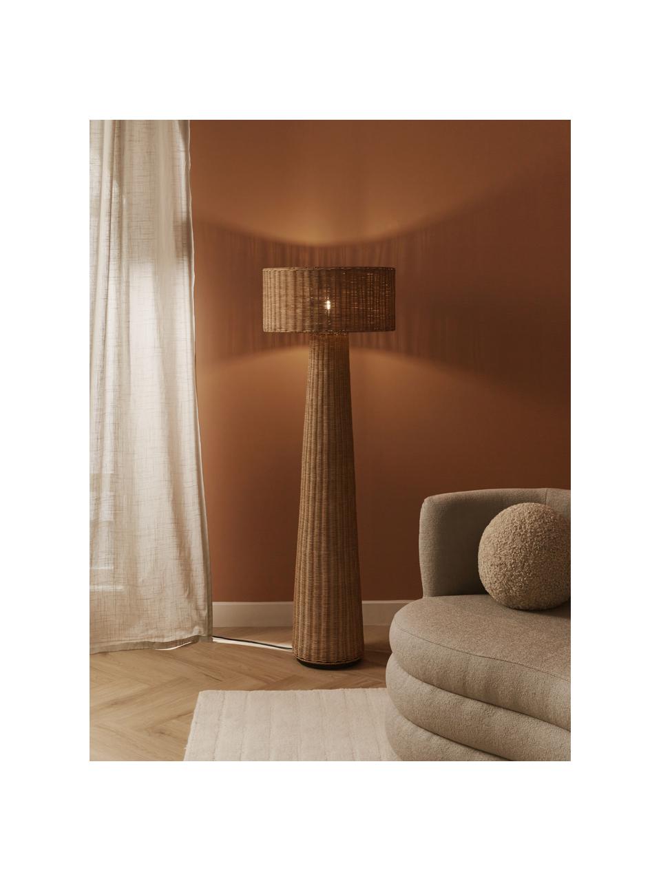 Lámpara de pie artesanla de ratán de diseño Paolo, Pantalla: ratán, Estructura: metal, Cable: cubierto en tela, Marrón claro, Ø 50 x Al 150 cm