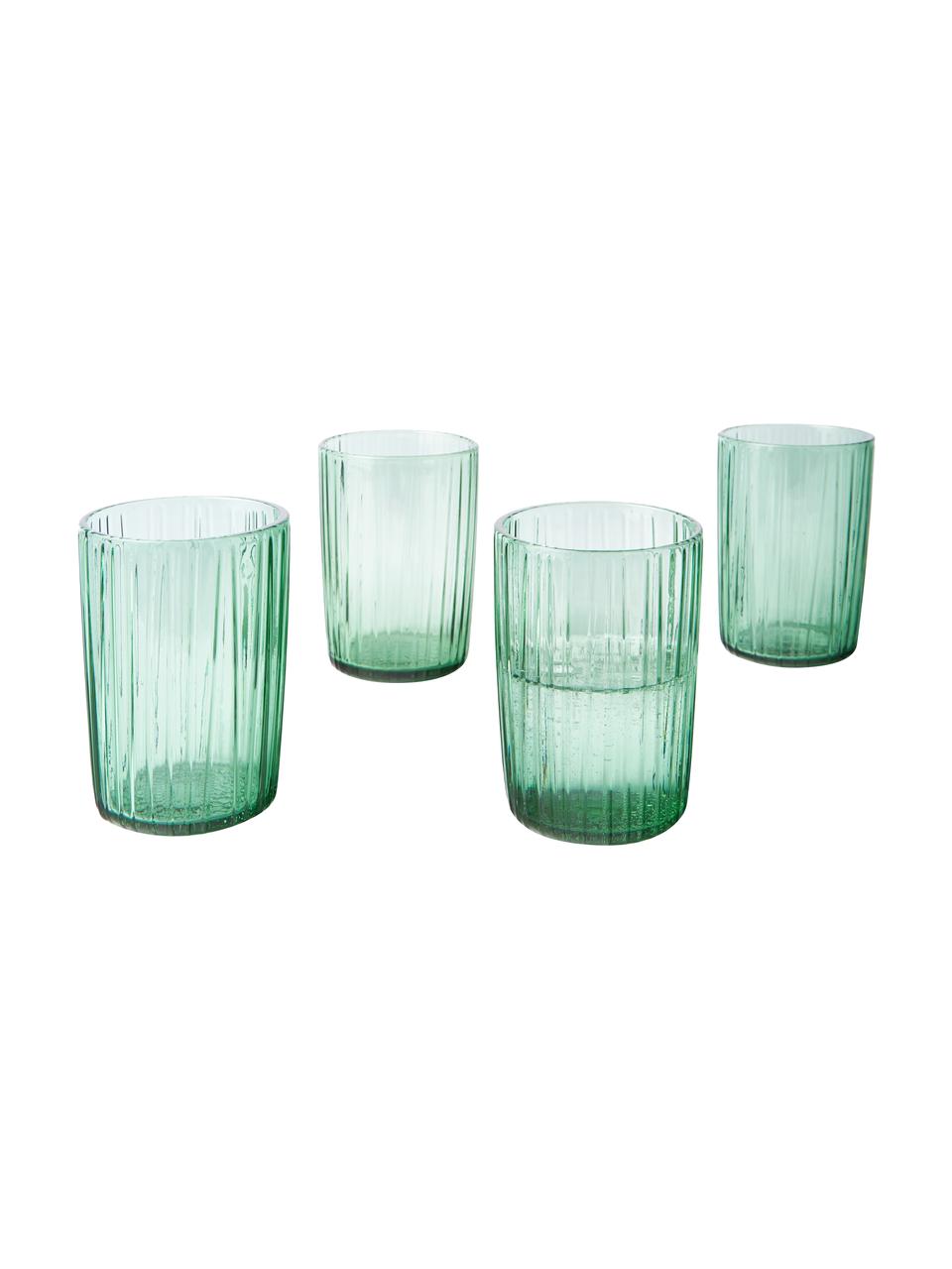Vasos con relieve Kusintha, 4 uds., Vidrio, Verde transparente, Ø 7 x Al 10 cm