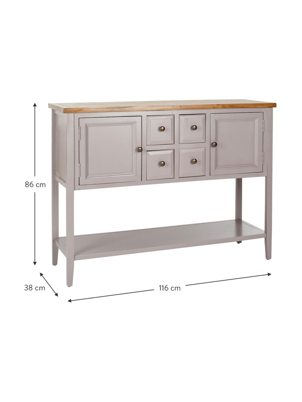 Grijs dressoir Amy in landelijke stijl, Frame: gelakt olmenhout, Lichtgrijs, B 116 x H 86 cm