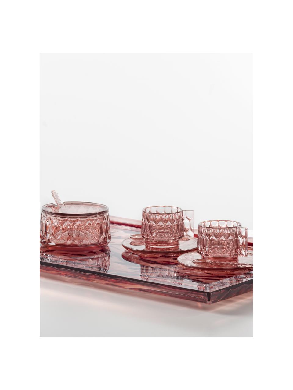 Tazas de café con platitos con relieves Jellies, 4 uds., Plástico, Rosa transparente, Ø 6 x Al 7 cm, 90 ml